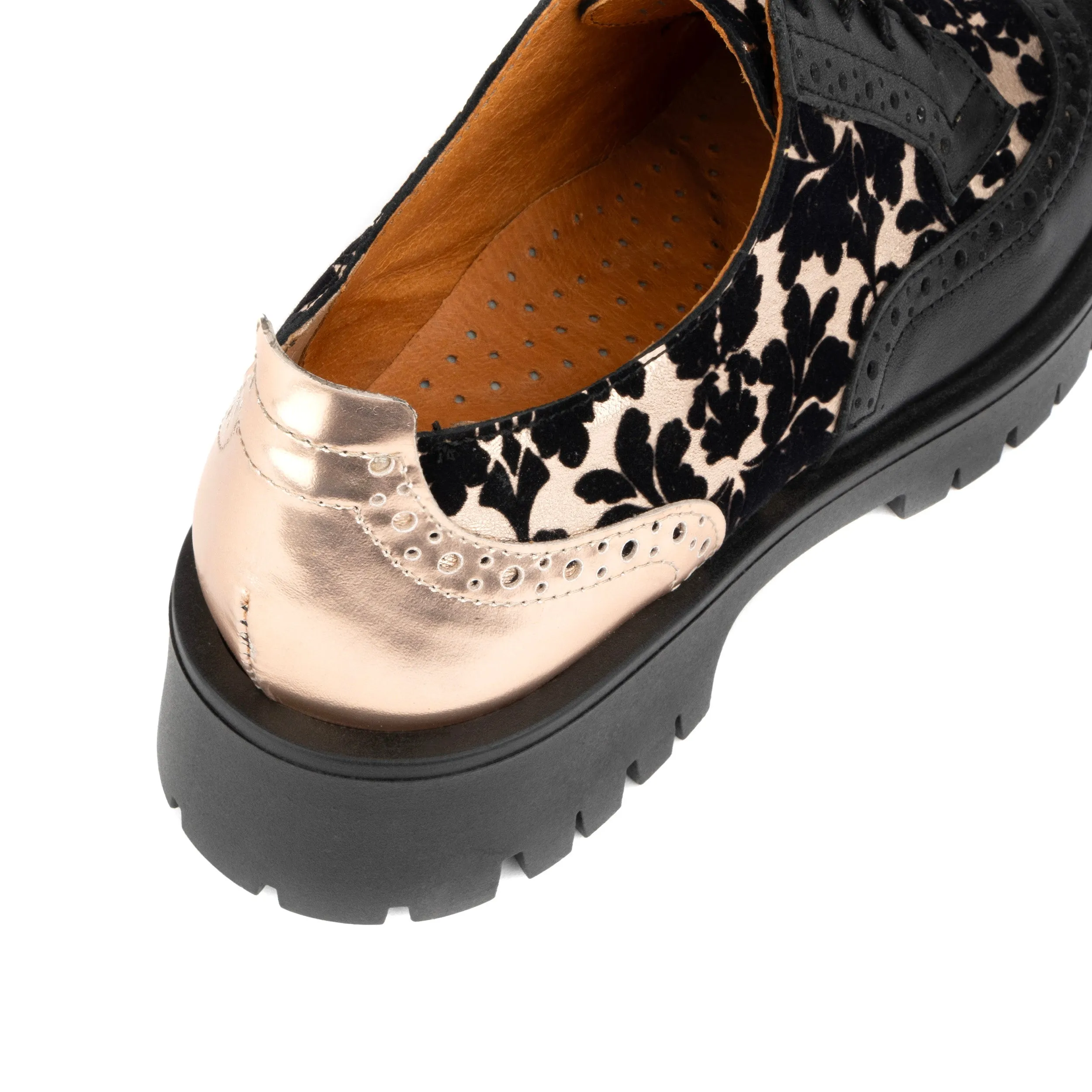 Artisan - Black Rose Gold - Women's chunky sole leather derby shoe with brogue details