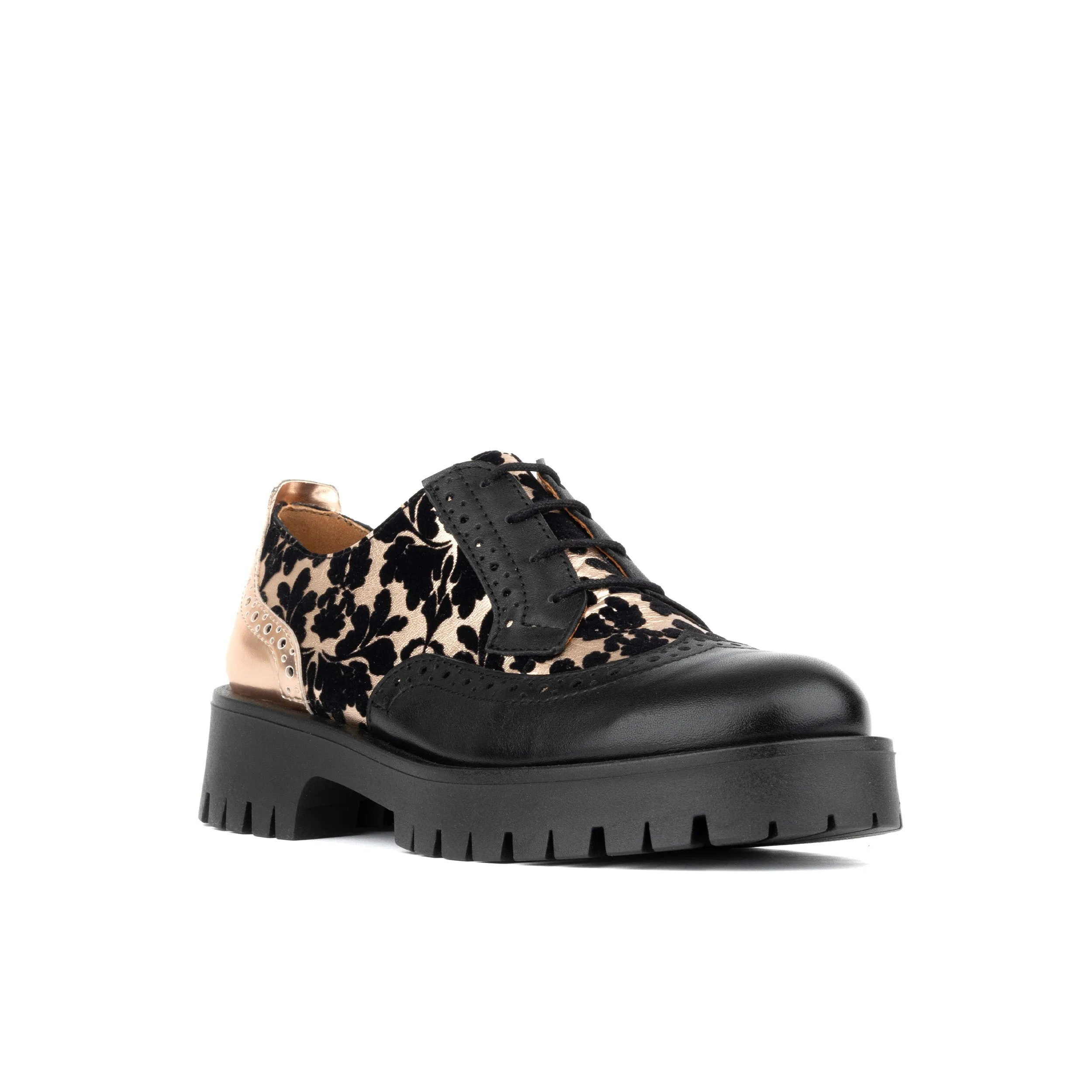 Artisan - Black Rose Gold - Women's chunky sole leather derby shoe with brogue details