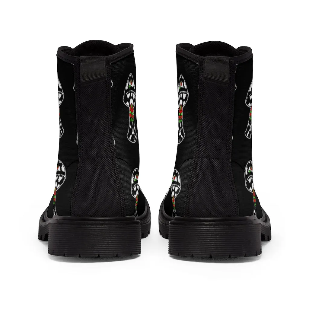 Black and White Skull Shroom Men's Canvas Boots