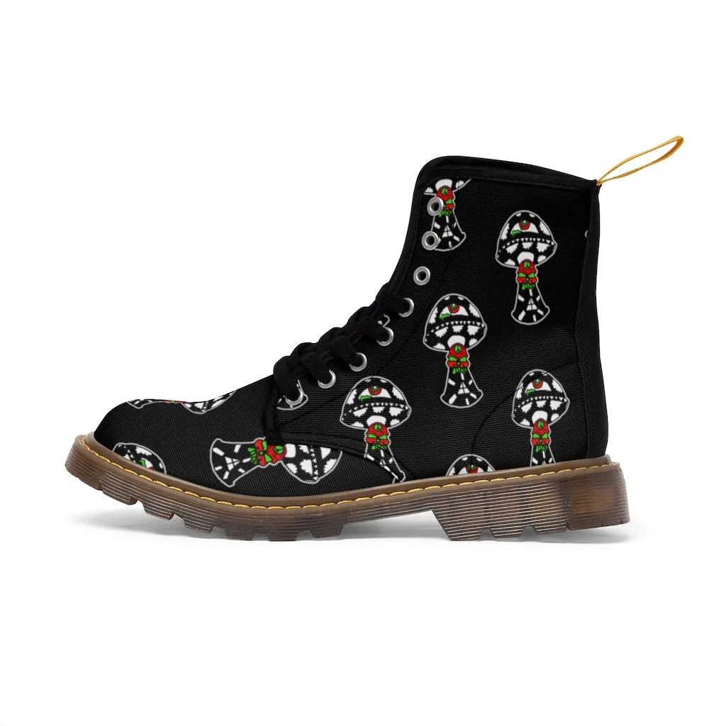 Black and White Skull Shroom Men's Canvas Boots