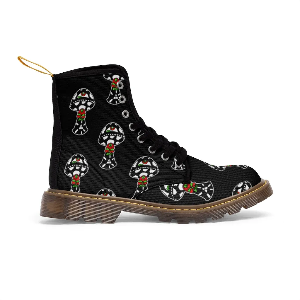 Black and White Skull Shroom Men's Canvas Boots