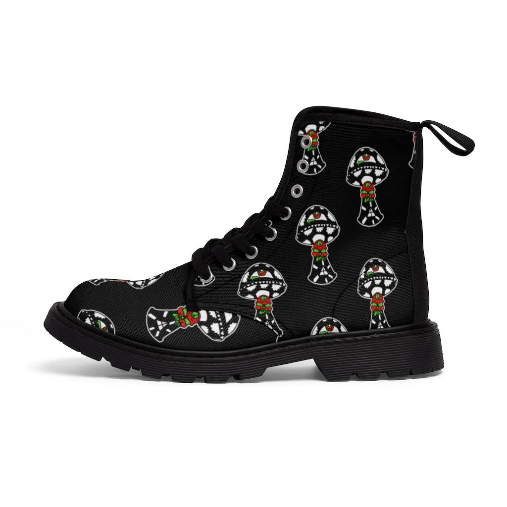 Black and White Skull Shroom Men's Canvas Boots