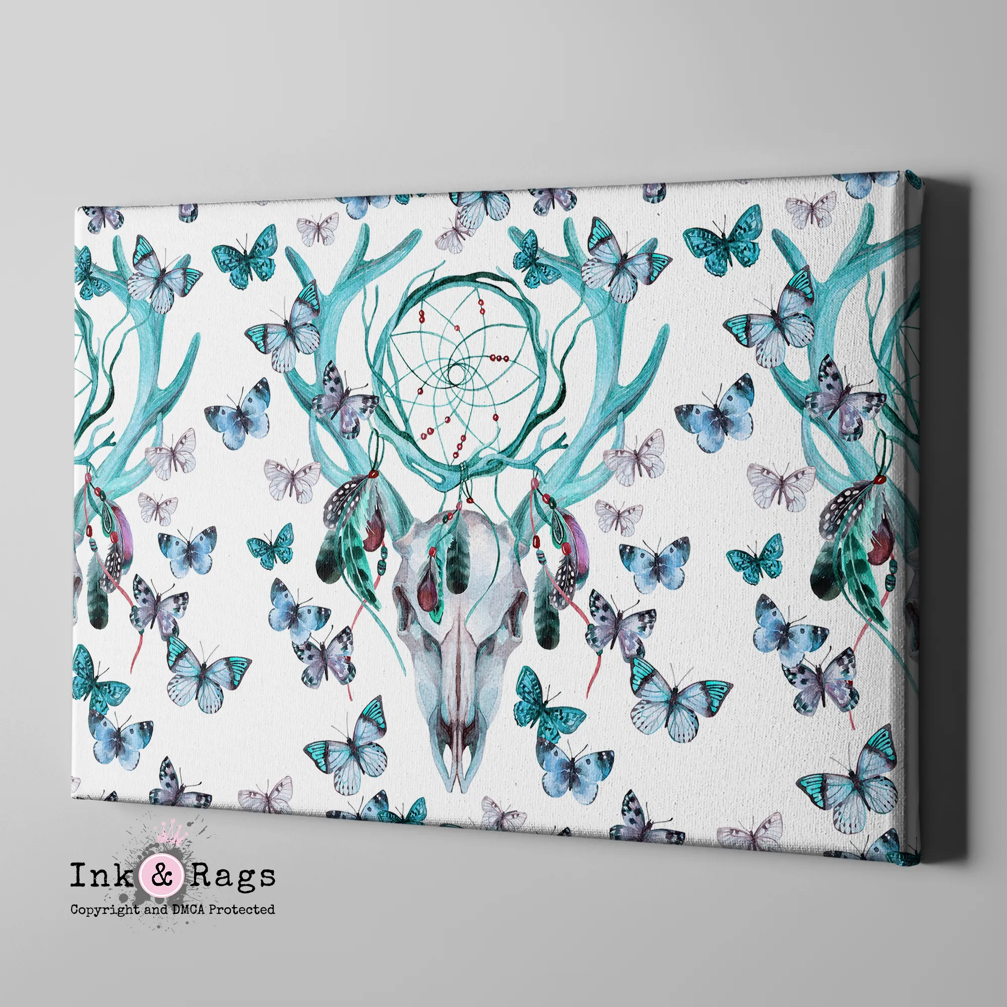 Blue Green Dreamcatcher Butterfly Buck Deer Skull Gallery Wrapped Canvas