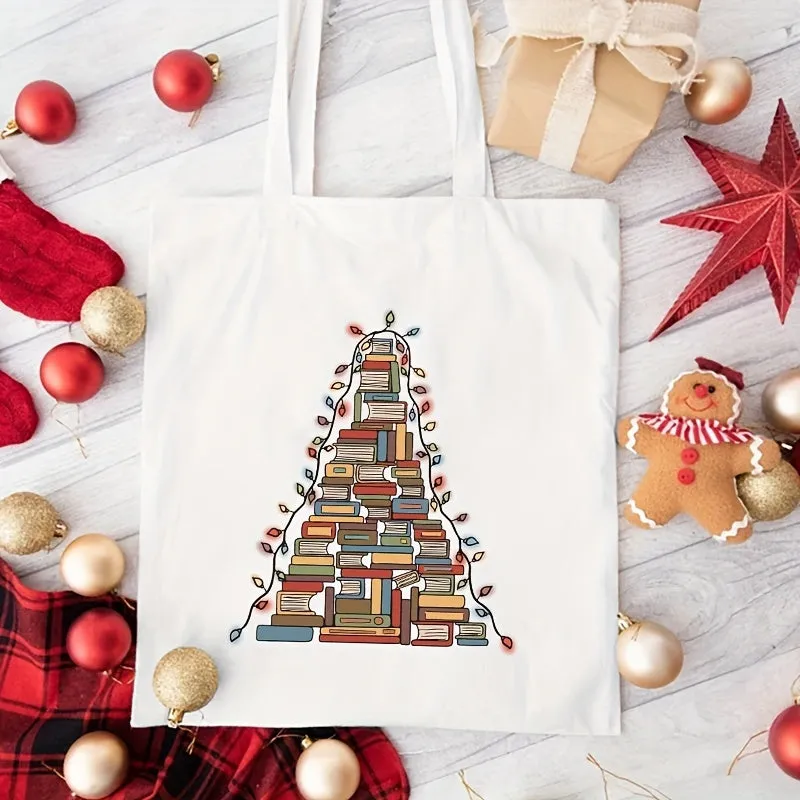 Cotton Christmas Tree Book Print Tote Bag, Casual Lightweight Shoulder Bag for Women, Reusable Shopping Bag with Fixed Strap for Daily Commute, Hand Washable Travel Canvas Bag with Open Top