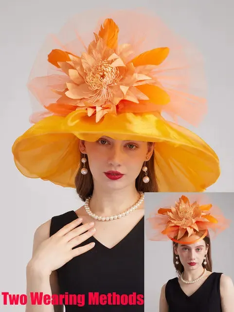 FS 2024 Female Kentucky Derby Hats For Women Organza Sun Sombrero With Mesh Flower Wedding Bride Church Cocktail Party Fedora