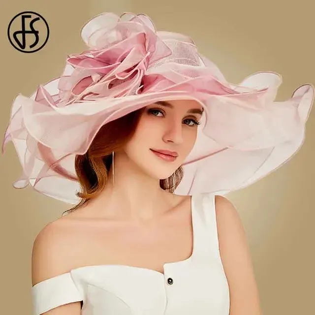 FS Big Flower Sun Hats For Women Beach Beige Organza Tea Party Hat Elegant Ladies Church Kentucky Derby Wide Brim Fedoras