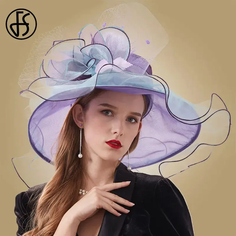 FS Black Church Hat Flower Feather Large Brim Fedora Kentucky Derby Hats For Women Wedding Purple Red Party Wide Organza Hats