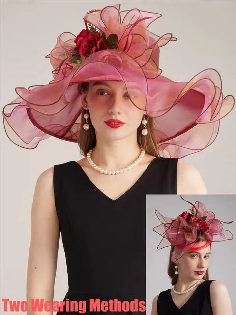 FS Organza Carnival Cap Lady Wide Brim Kentucky Derby Hats For Women With Mesh Feather Flowers Wedding Bride Church Fedora 2024