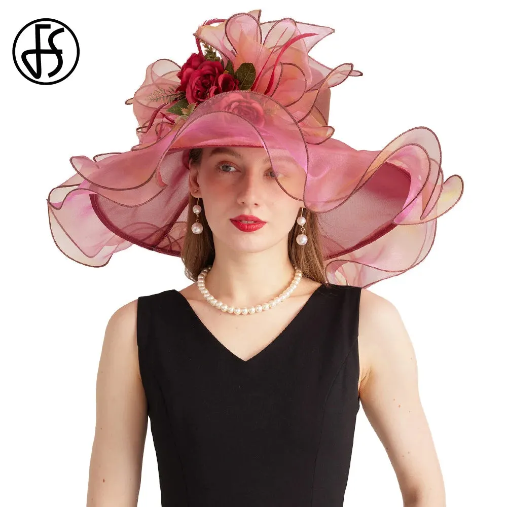 FS Organza Carnival Cap Lady Wide Brim Kentucky Derby Hats For Women With Mesh Feather Flowers Wedding Bride Church Fedora 2024