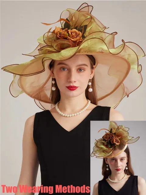 FS Organza Carnival Cap Lady Wide Brim Kentucky Derby Hats For Women With Mesh Feather Flowers Wedding Bride Church Fedora 2024