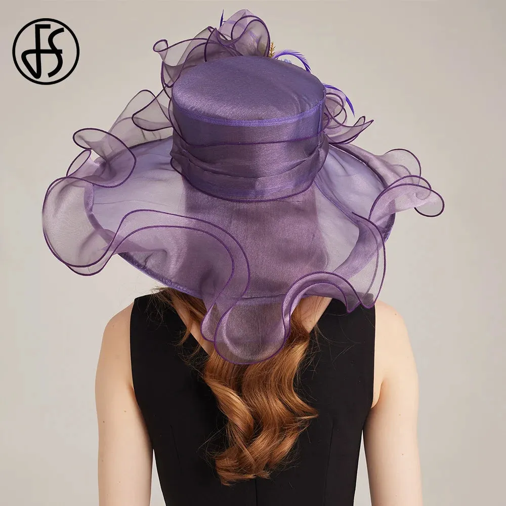 FS Organza Carnival Cap Lady Wide Brim Kentucky Derby Hats For Women With Mesh Feather Flowers Wedding Bride Church Fedora 2024