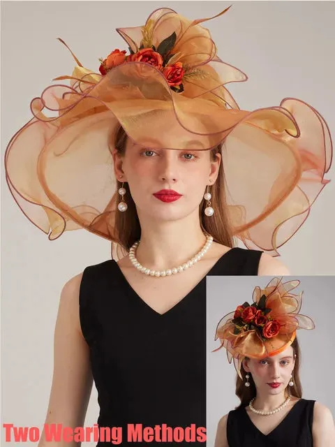 FS Organza Carnival Cap Lady Wide Brim Kentucky Derby Hats For Women With Mesh Feather Flowers Wedding Bride Church Fedora 2024