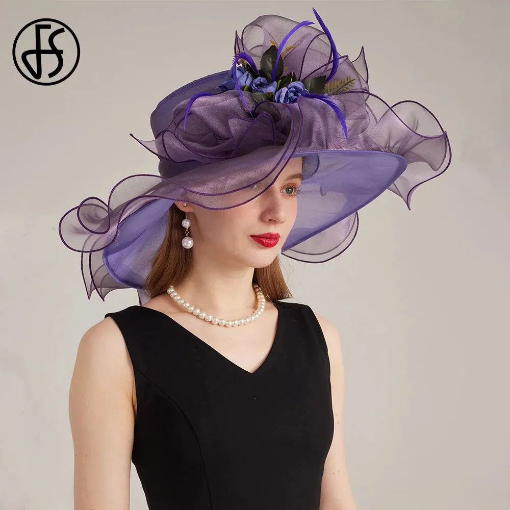 FS Organza Carnival Cap Lady Wide Brim Kentucky Derby Hats For Women With Mesh Feather Flowers Wedding Bride Church Fedora 2024