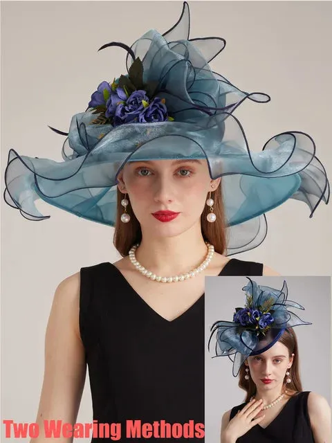 FS Organza Carnival Cap Lady Wide Brim Kentucky Derby Hats For Women With Mesh Feather Flowers Wedding Bride Church Fedora 2024