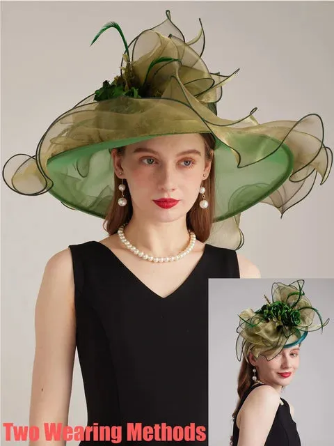 FS Organza Carnival Cap Lady Wide Brim Kentucky Derby Hats For Women With Mesh Feather Flowers Wedding Bride Church Fedora 2024