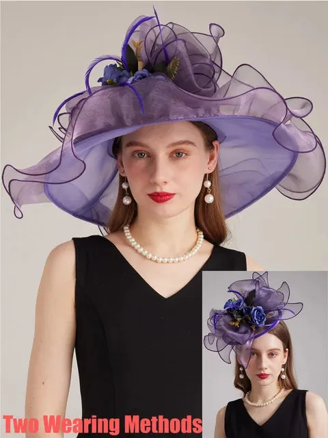 FS Organza Carnival Cap Lady Wide Brim Kentucky Derby Hats For Women With Mesh Feather Flowers Wedding Bride Church Fedora 2024