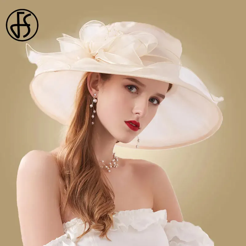 FS Pink Fedoras Hat Women Beige White Kentucky Derby Wide Brim Wedding Church Organza Party Hat Flower Flat Top Hats