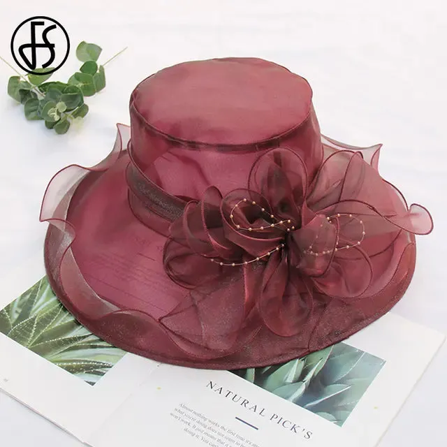 FS Pink Fedoras Hat Women Beige White Kentucky Derby Wide Brim Wedding Church Organza Party Hat Flower Flat Top Hats