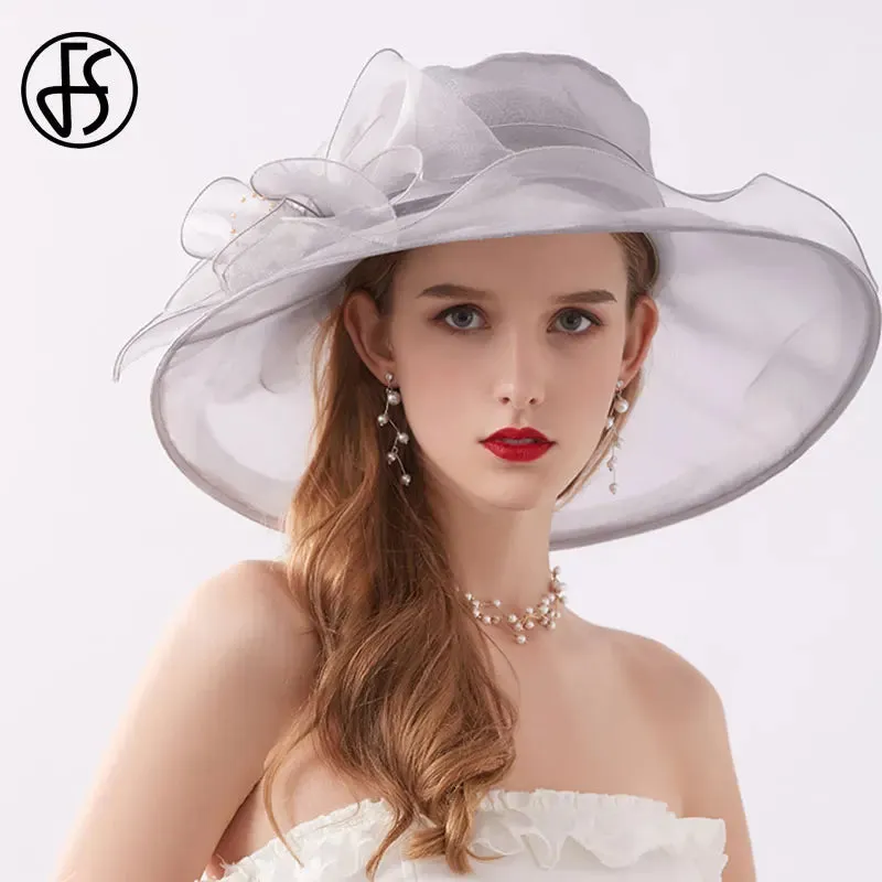 FS Pink Fedoras Hat Women Beige White Kentucky Derby Wide Brim Wedding Church Organza Party Hat Flower Flat Top Hats