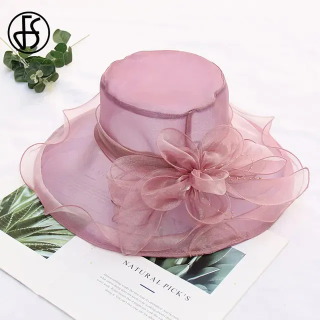 FS Pink Fedoras Hat Women Beige White Kentucky Derby Wide Brim Wedding Church Organza Party Hat Flower Flat Top Hats