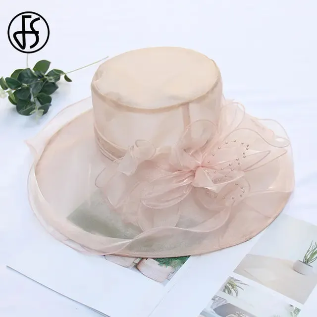 FS Pink Fedoras Hat Women Beige White Kentucky Derby Wide Brim Wedding Church Organza Party Hat Flower Flat Top Hats