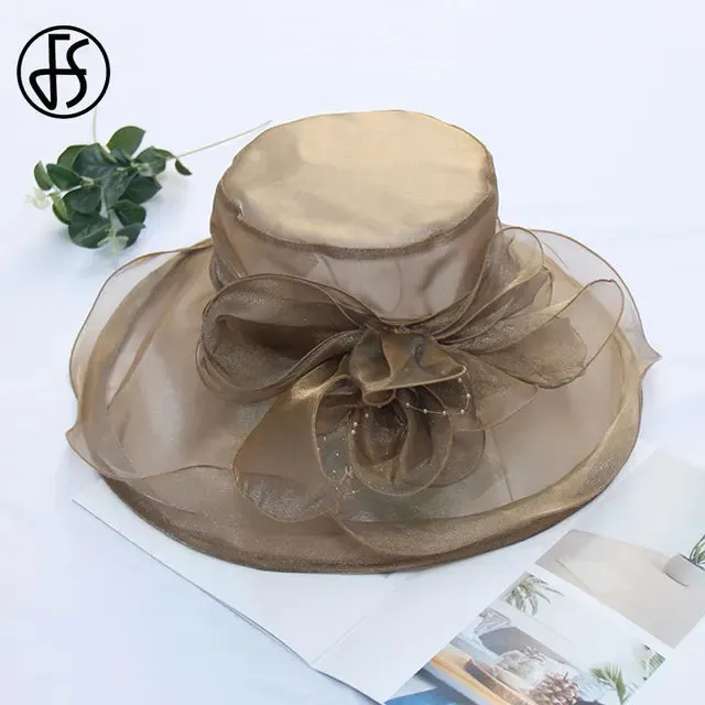 FS Pink Fedoras Hat Women Beige White Kentucky Derby Wide Brim Wedding Church Organza Party Hat Flower Flat Top Hats