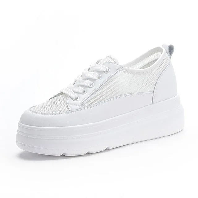 Genuine Leather Shoes Women Sneakers Height Increasing Shoes Casual Woman White Footwear New Spring Summer Thick Sole 5cm A1437