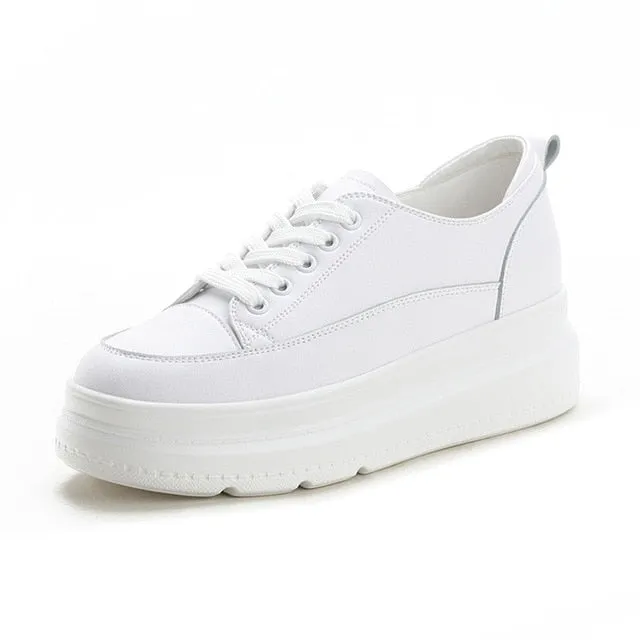 Genuine Leather Shoes Women Sneakers Height Increasing Shoes Casual Woman White Footwear New Spring Summer Thick Sole 5cm A1437