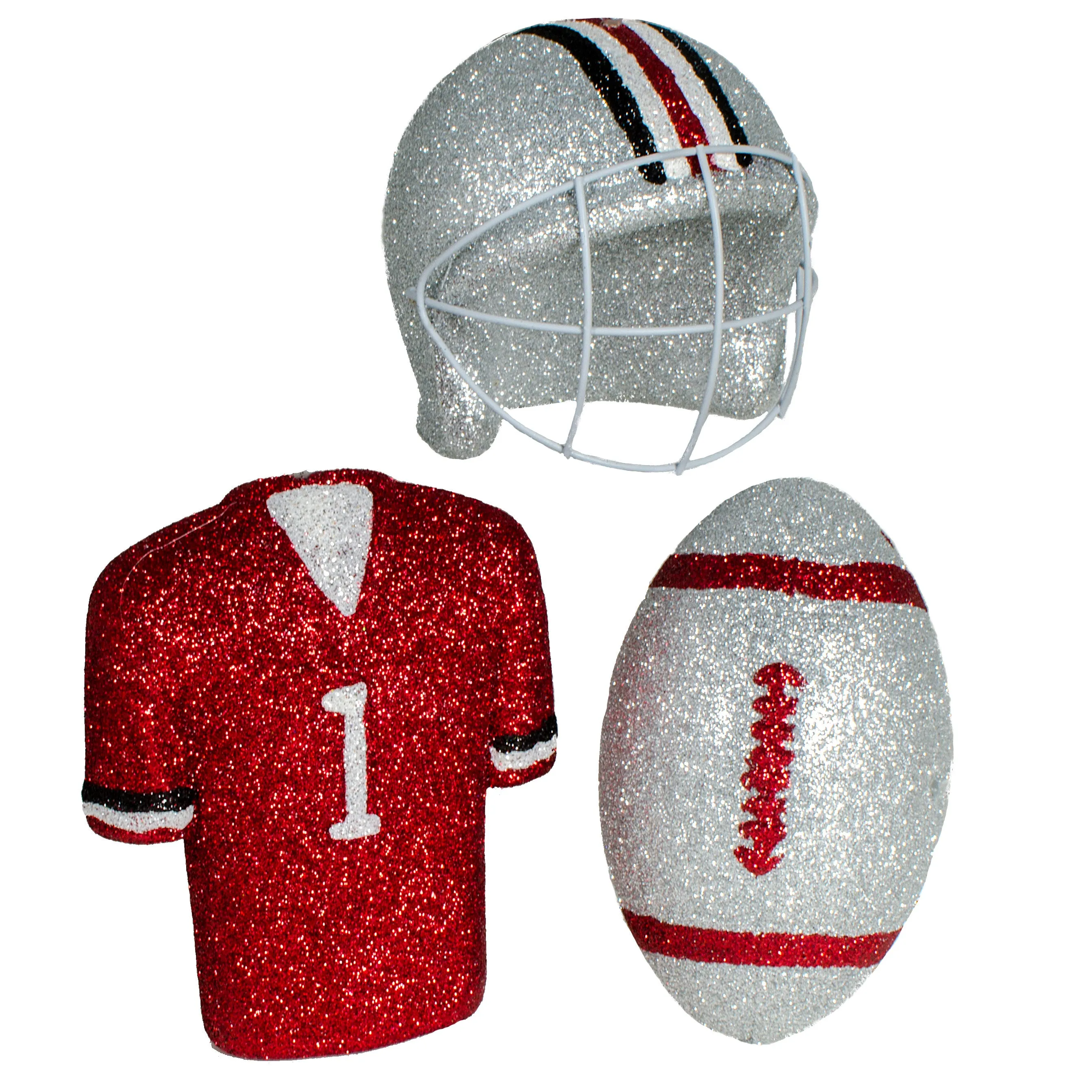 Glitter Football Ornament Assortment: Red, Silver & White (Set of 3)