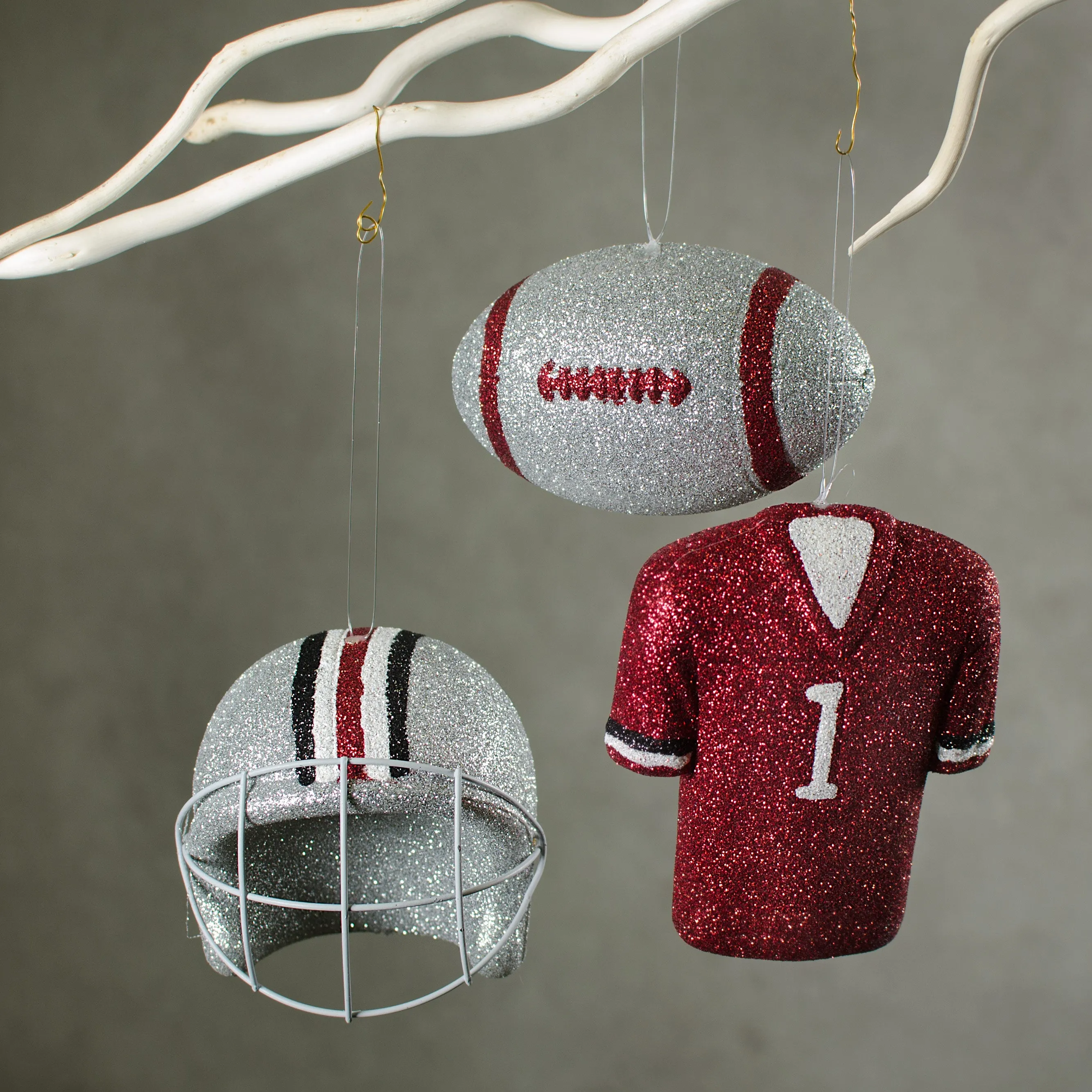 Glitter Football Ornament Assortment: Red, Silver & White (Set of 3)