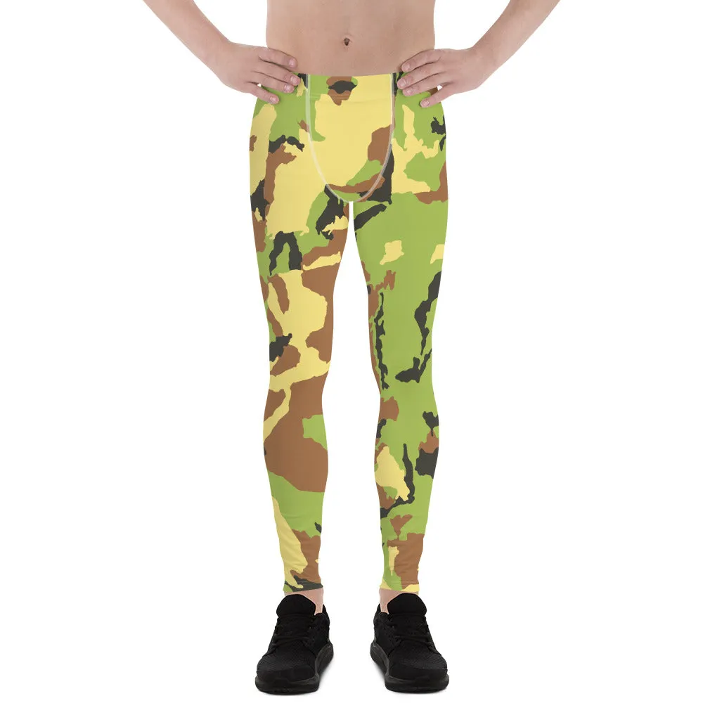 Green Camouflage Print Men's Leggings, Camo Military Army Meggings-Made in USA/EU