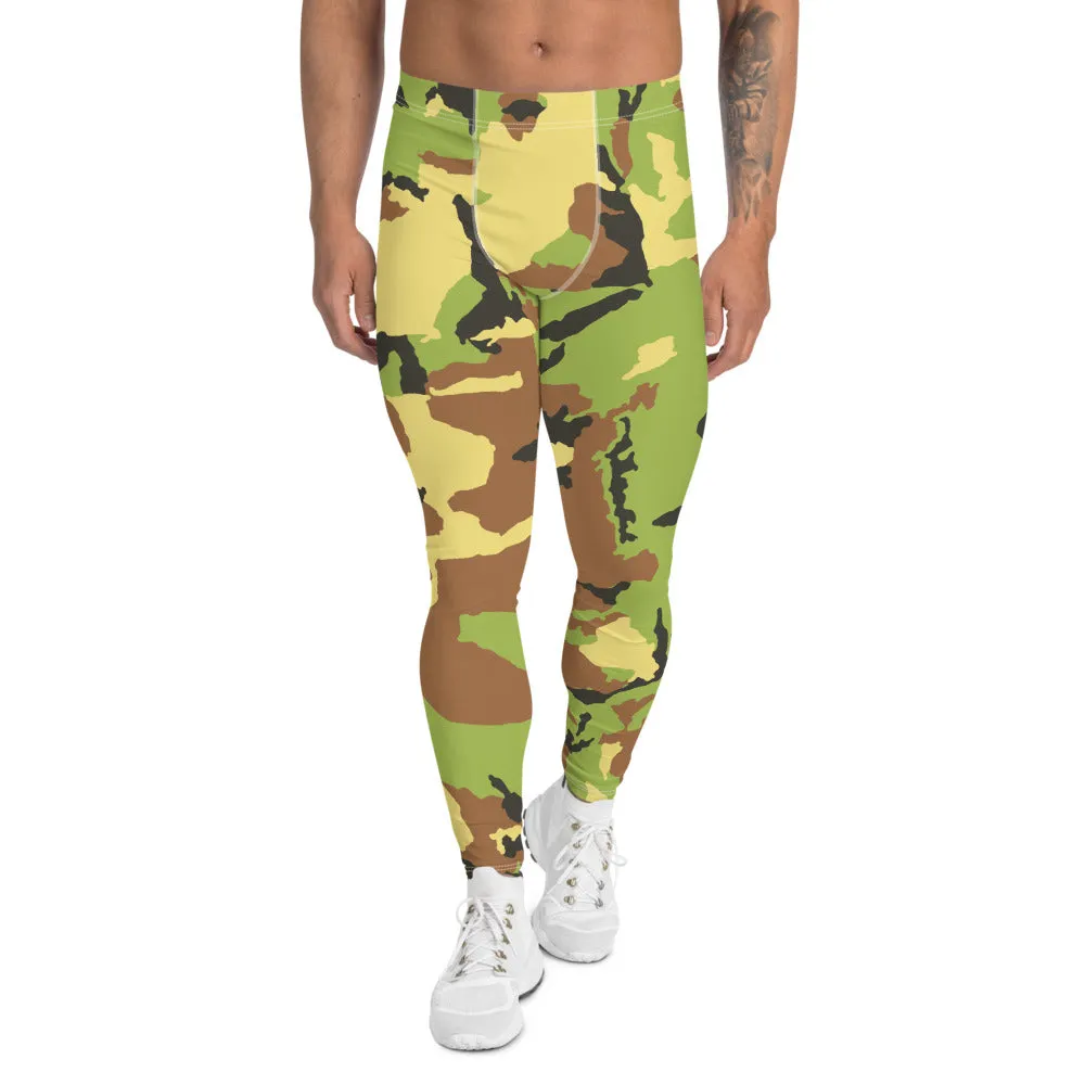 Green Camouflage Print Men's Leggings, Camo Military Army Meggings-Made in USA/EU