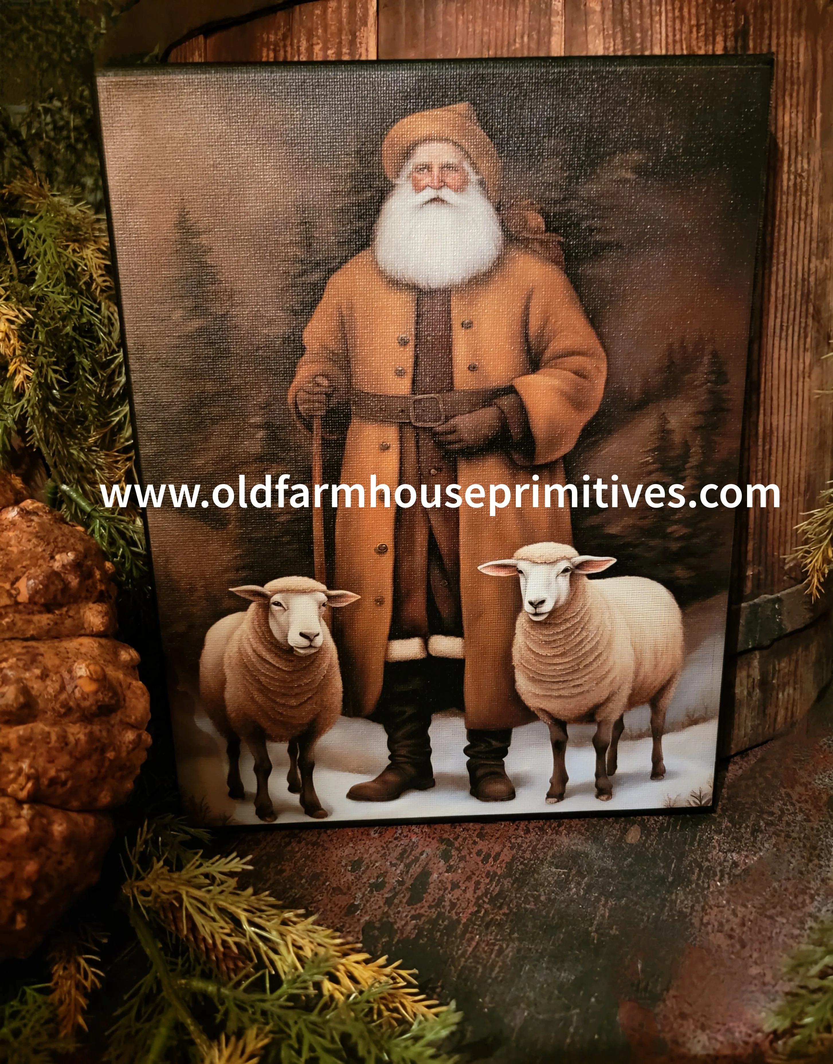 #HGC1079 Primitive "Shepherd Santa" With Sheep 🐑 8x10 Canvas Print