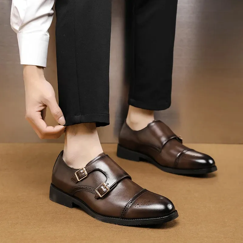 Hnzxzm Classic Double Buckle Men's Block Low Top Leather Shoes Fashionable Business Banquet Party Brown Pointed Leather Shoes