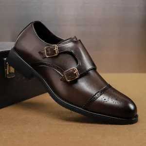 Hnzxzm Classic Double Buckle Men's Block Low Top Leather Shoes Fashionable Business Banquet Party Brown Pointed Leather Shoes