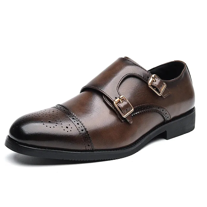 Hnzxzm Classic Double Buckle Men's Block Low Top Leather Shoes Fashionable Business Banquet Party Brown Pointed Leather Shoes