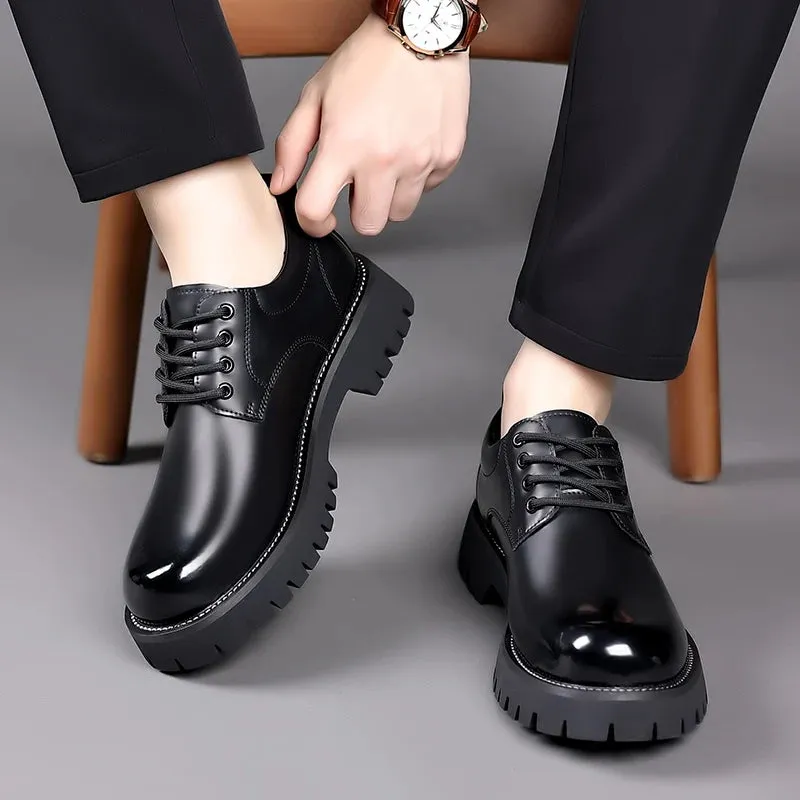 Hnzxzm Men Korea Leather Platform Oxfords Slip On Thick Tottom Male Derby Shoes Casual Loafers Men Square Toe Formal Dress Shoes