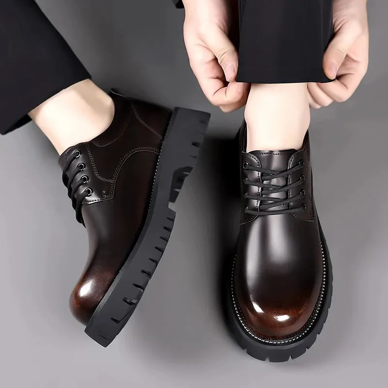 Hnzxzm Men Korea Leather Platform Oxfords Slip On Thick Tottom Male Derby Shoes Casual Loafers Men Square Toe Formal Dress Shoes