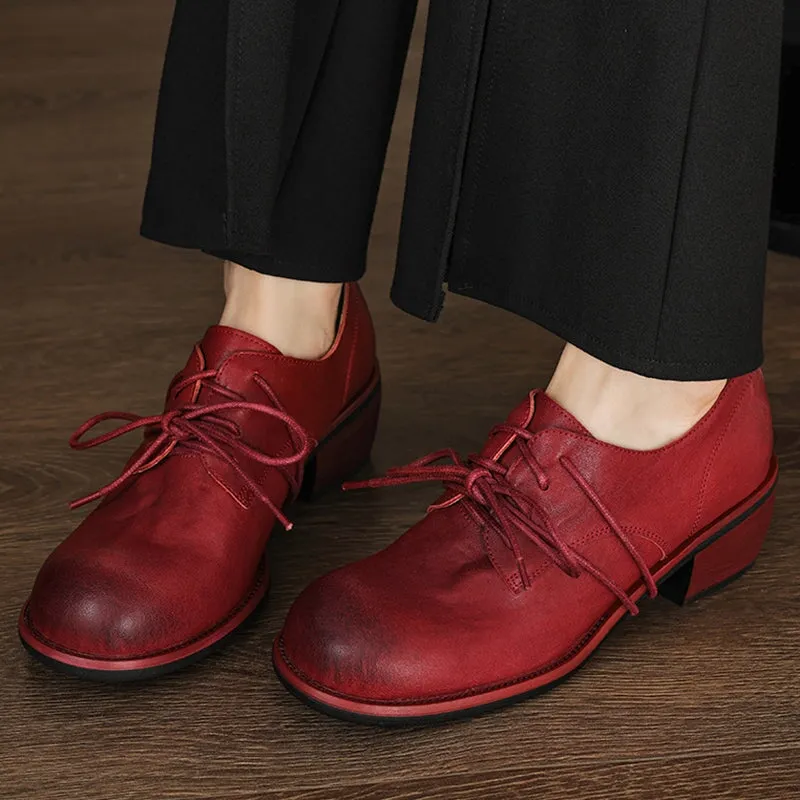 Horse Leather Classic Round Toe Oxfords & Tie Shoes For Women Derby Shoes in Red/Black/Brown