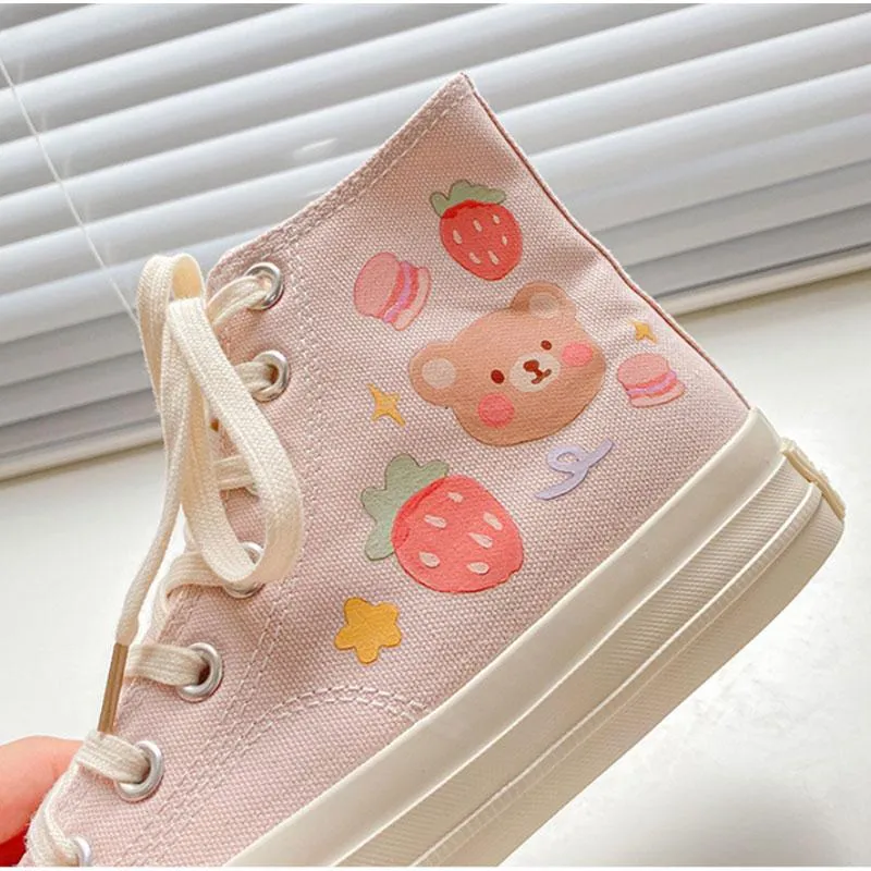 Kawaii Cartoon Bear Print High Top Canvas Shoes