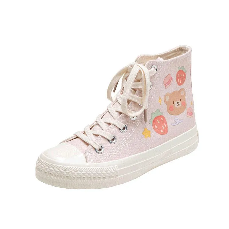 Kawaii Cartoon Bear Print High Top Canvas Shoes