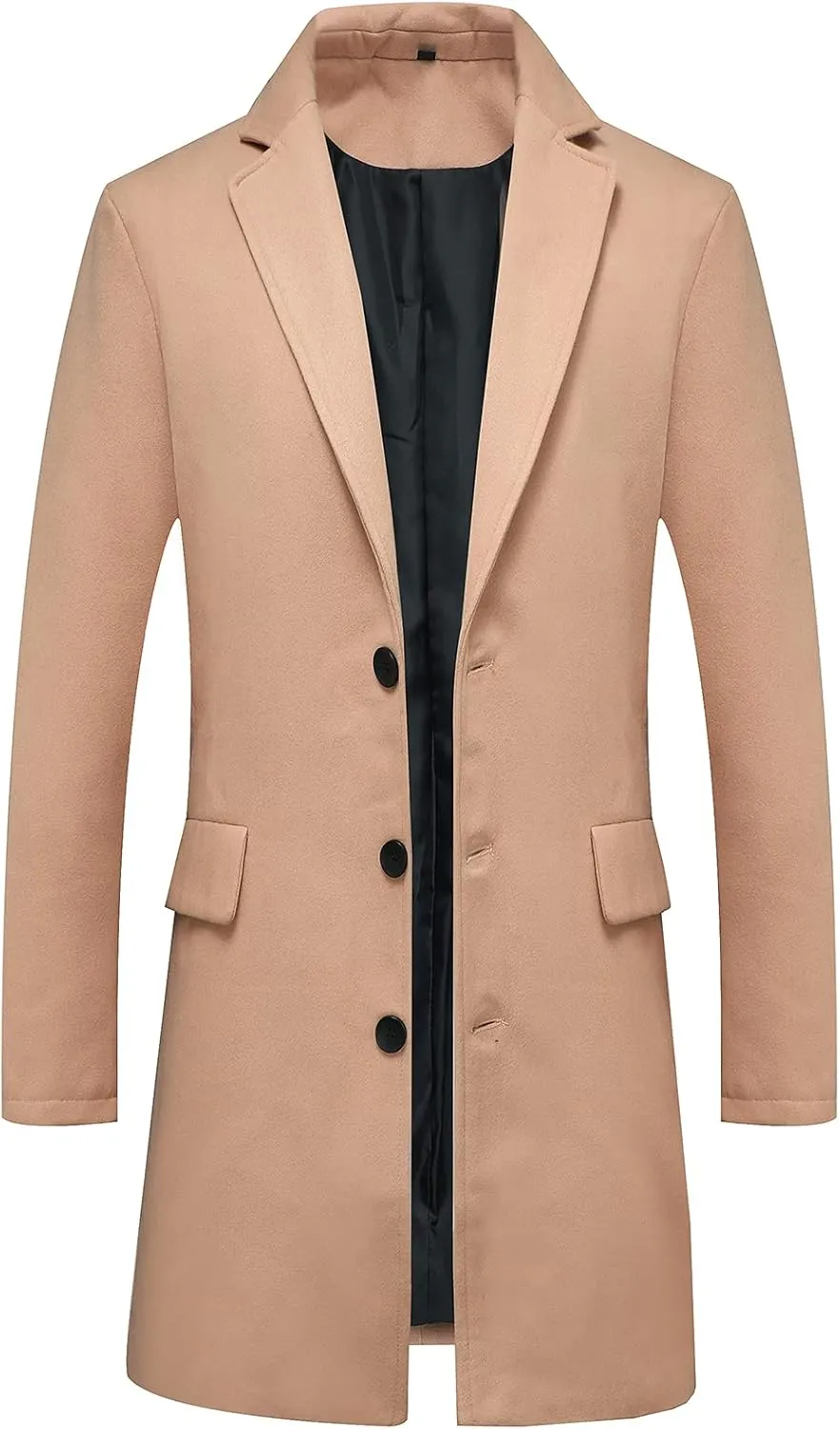 Lisskolo Men's Classic Wool Trench Overcoat - Single Breasted Mid Long Wool Blend Top Pea Coat/ Jacket