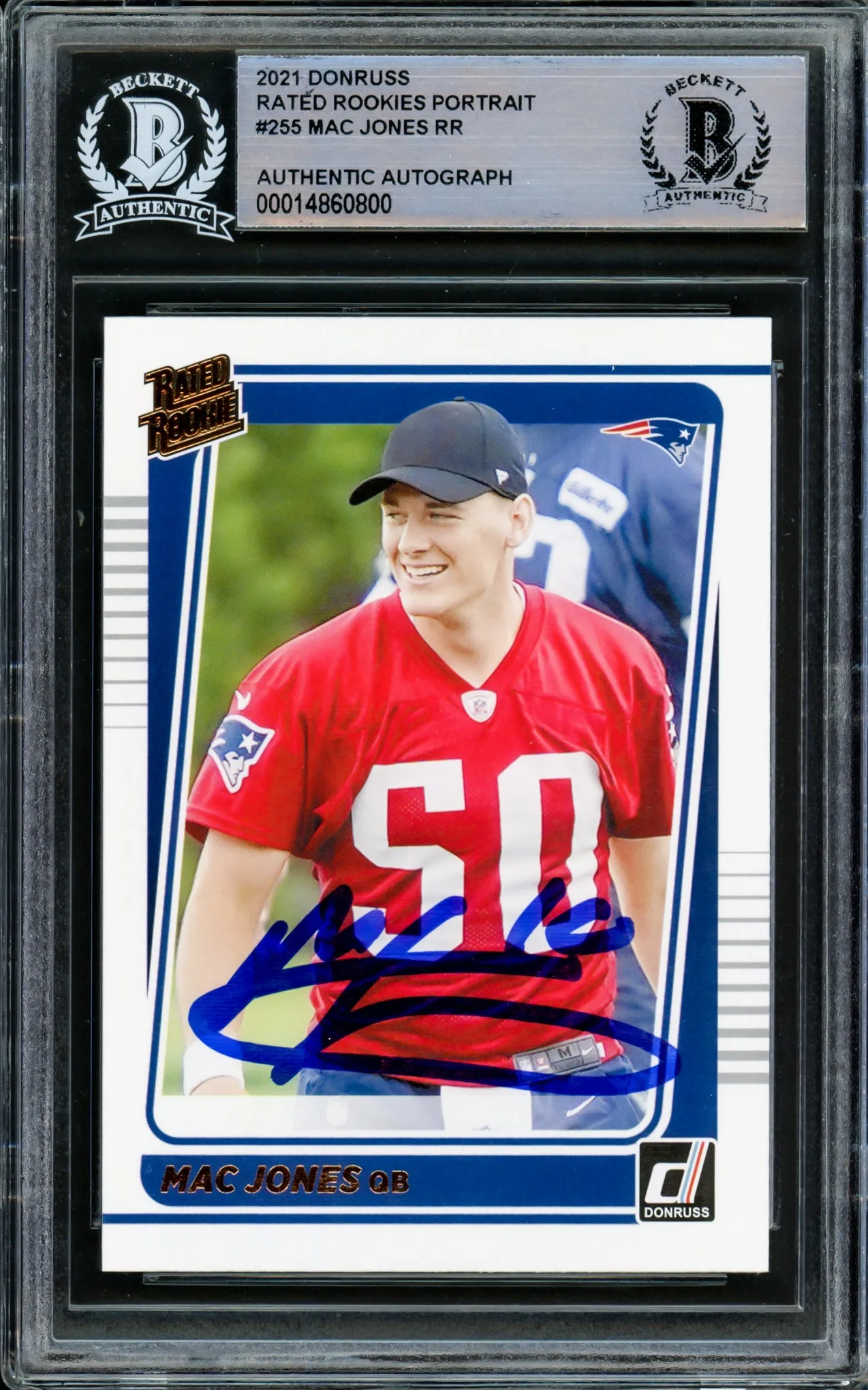 Mac Jones Autographed 2021 Donruss Rated Rookie Portrait Rookie Card #255 New England Patriots Beckett BAS #14860800