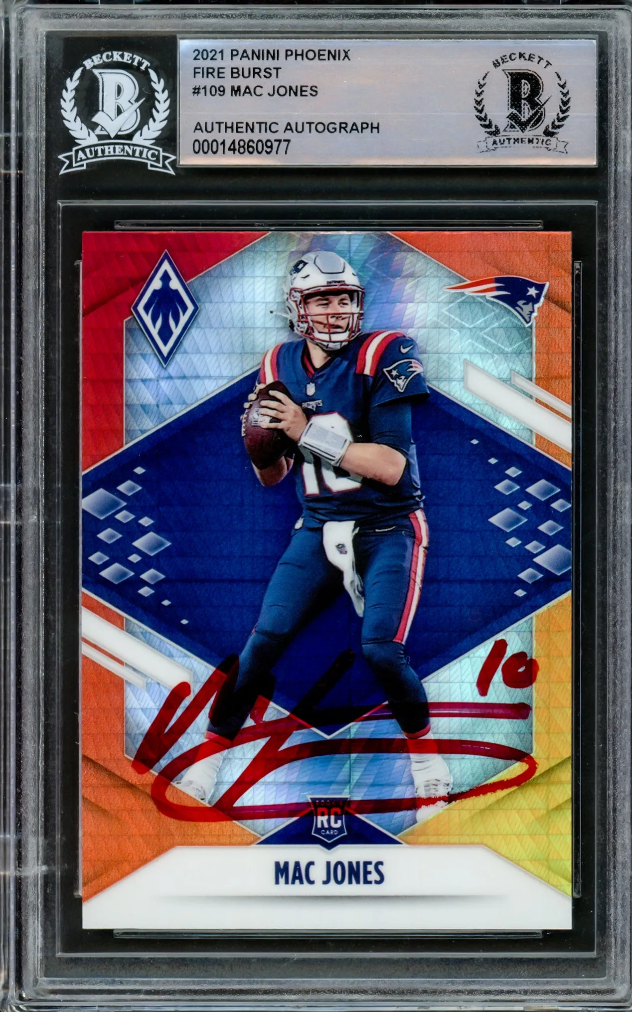 Mac Jones Autographed 2021 Panini Phoenix Fire Burst Rookie Card #109 New England Patriots Beckett BAS Stock #210489