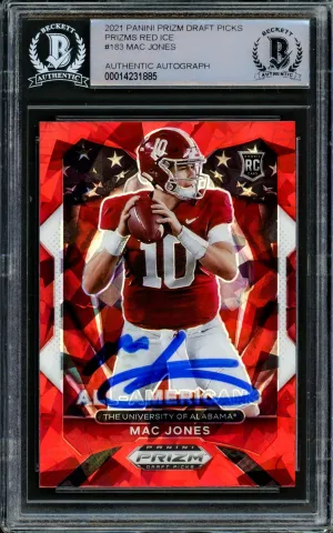 Mac Jones Autographed 2021 Panini Prizm Draft Picks Red Cracked Ice Rookie Card #183 Alabama Crimson Tide Beckett BAS #14231885