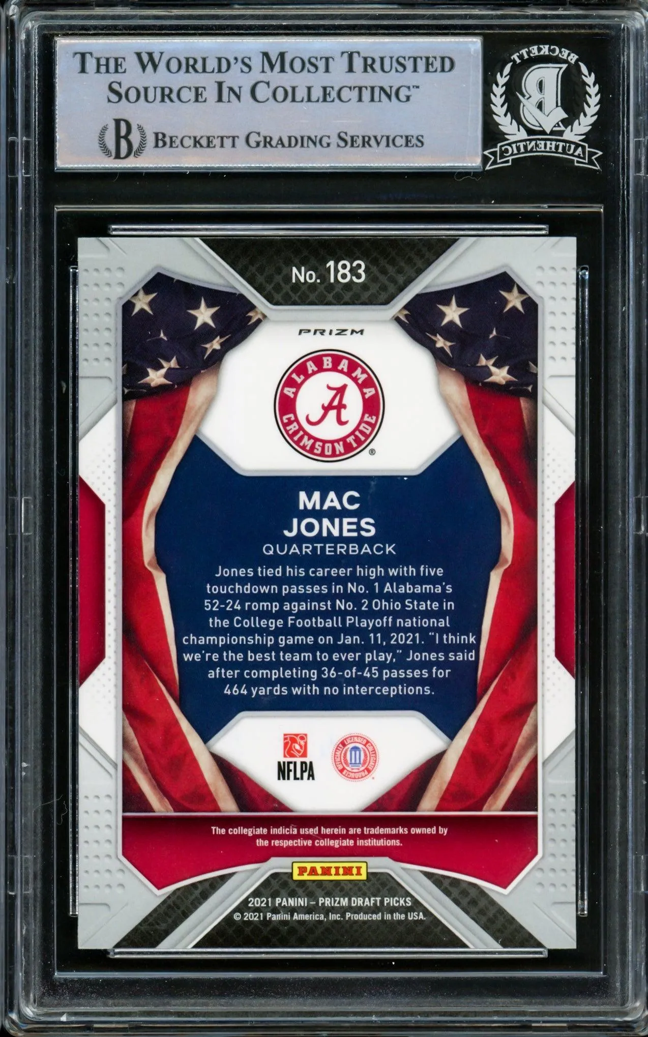 Mac Jones Autographed 2021 Panini Prizm Draft Picks Red Cracked Ice Rookie Card #183 Alabama Crimson Tide Beckett BAS #14231885