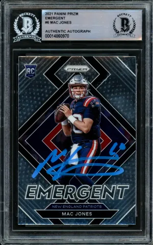 Mac Jones Autographed 2021 Panini Prizm Emergent Rookie Card #E-6 New England Patriots Beckett BAS #14860970