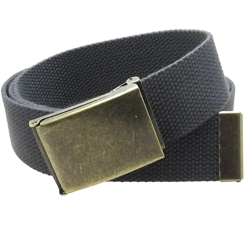 Men's Canvas Web Belt Flip-Top Antique Brass Buckle