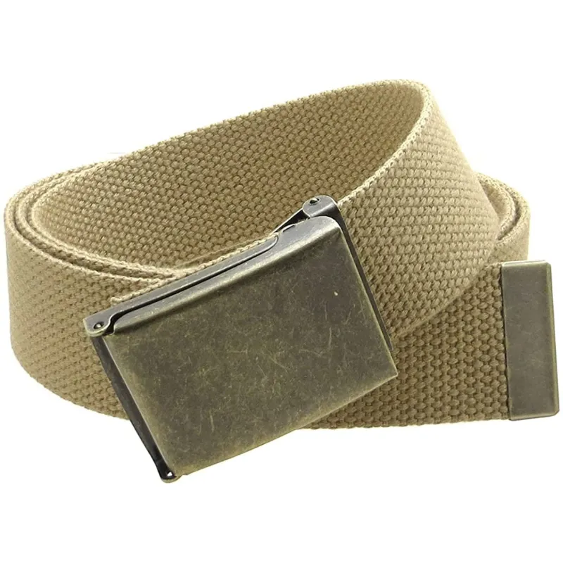 Men's Canvas Web Belt Flip-Top Antique Brass Buckle