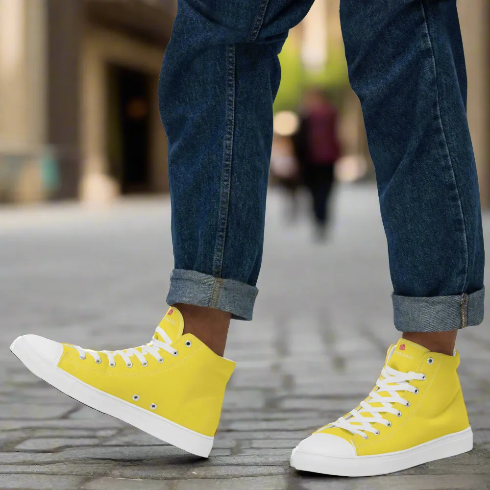 Men's Yellow  High Top Sneakers, Solid Lemon Yellow Color Men’s High Top Canvas Fashion Running Tennis Shoes